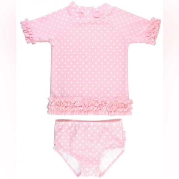 RuffleButts Pink Polka Dot Ruffled Rash Guard Bikini - Picture 1 of 7